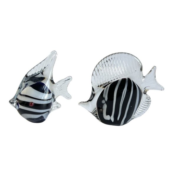 Vintage Swirl Fish Crystal Figurine Murano Style Black & White Set of 2 - Picture 1 of 12